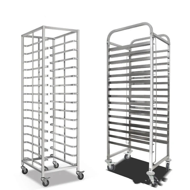 Stainless steel six-layer baking tray rack with locking mechanism and 40x60cm sheets.
