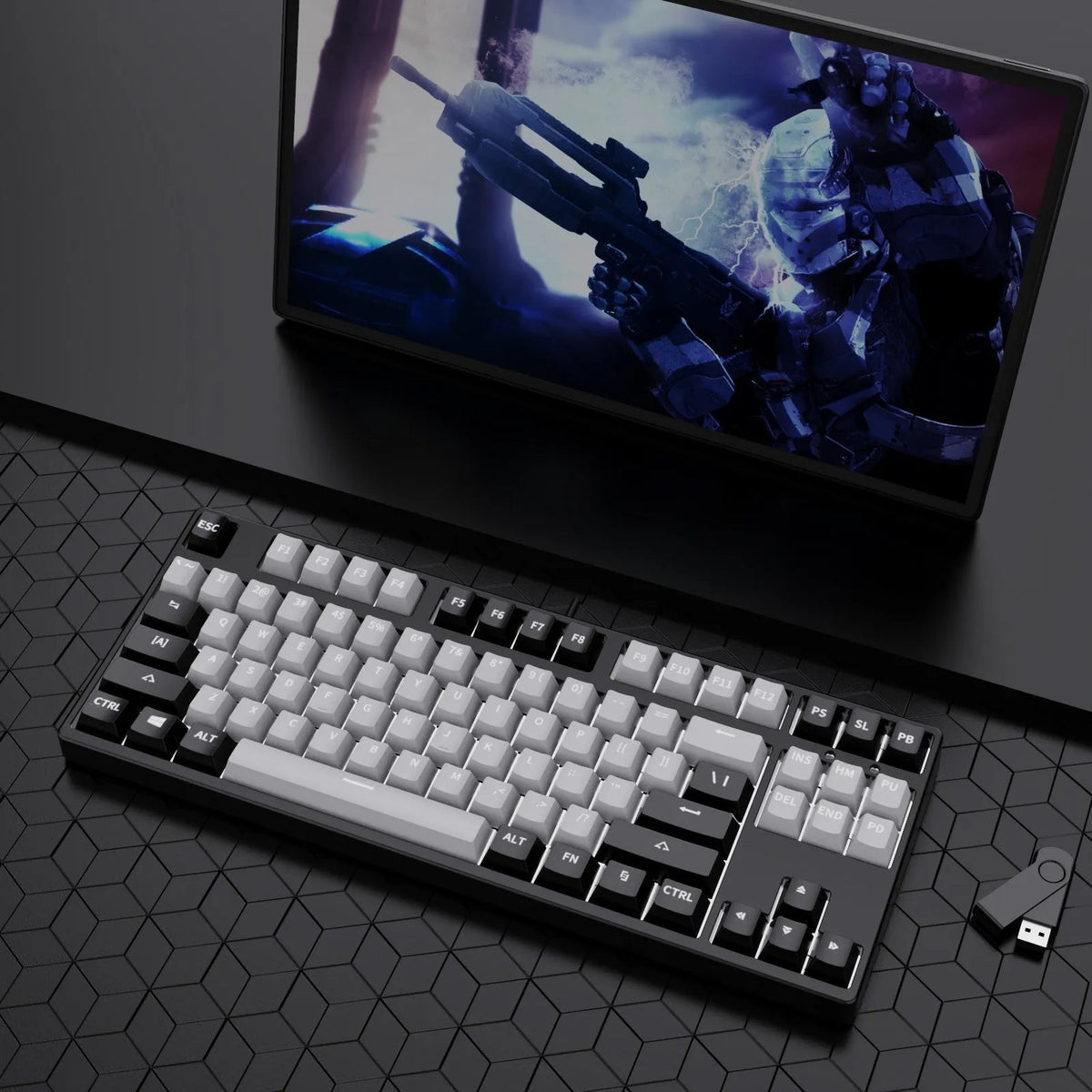 87-key wired mechanical keyboard with hot-swappable sockets in a dual-colour design