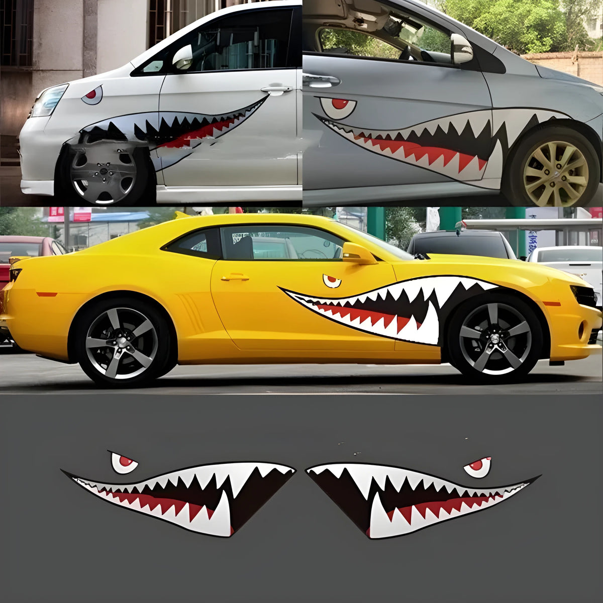 Large shark graphic car sticker on a vehicle door, showcasing the 150cm length PVC decal.