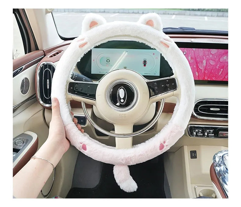 Plush rabbit fur steering wheel cover with cartoon embroidery in 38cm diameter for winter use