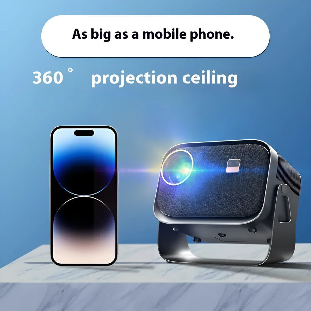 White portable Android projector showing mobile phone projection with 1080p resolution display