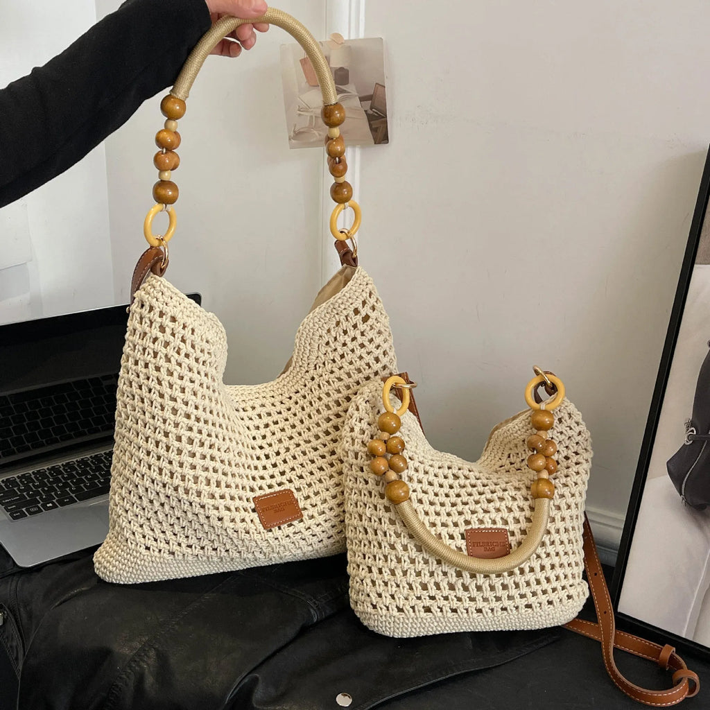 Knitted tote beach bag with bucket shape and contrast stitching in black or brown colour