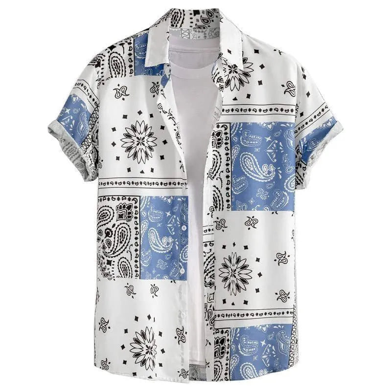 Men's slim fit Hawaiian short sleeve shirt in cardigan style with digital printing