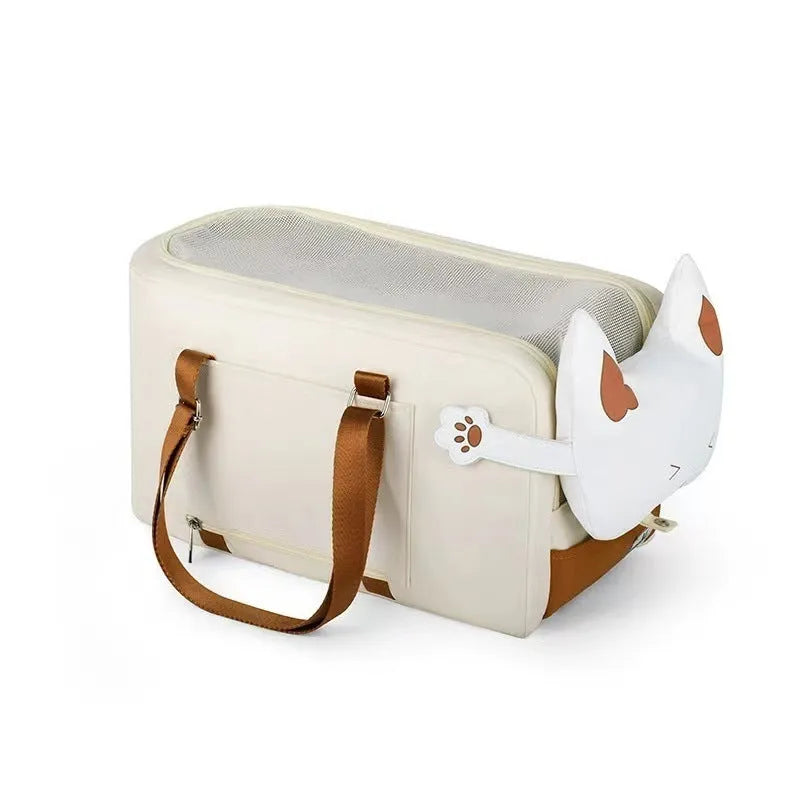 Hard-sided beige pet carrier with EPE padding measuring 43x25x22.5cm for pets under 15kg