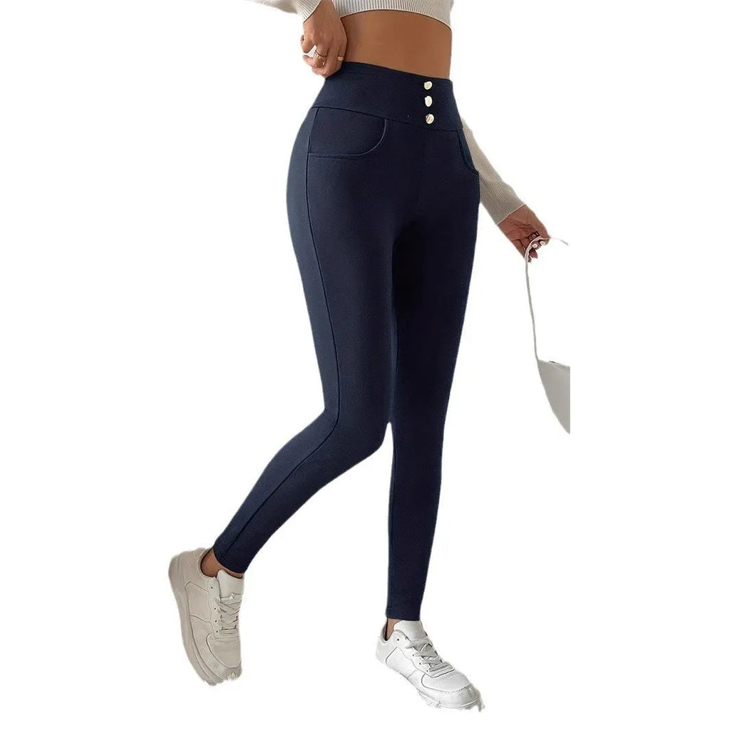 Navy blue women's high waist trousers with straight leg cut and micro elastic fabric