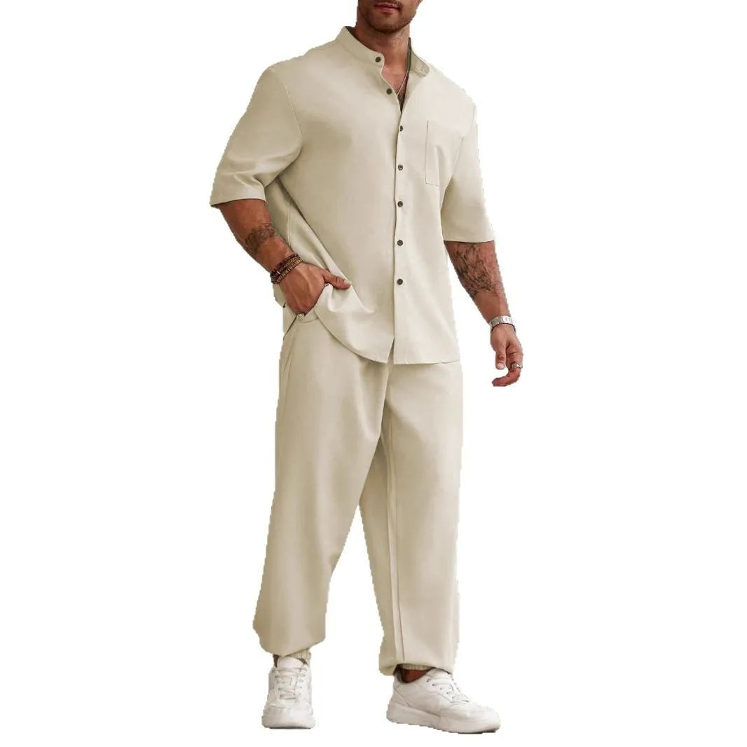Men's casual short-sleeved shirt and trousers set in cotton linen blend fabric