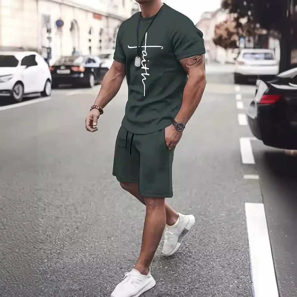 Two-piece casual sports suit with short-sleeved round neck top and shorts in polyester, 3D digital print, five colours.