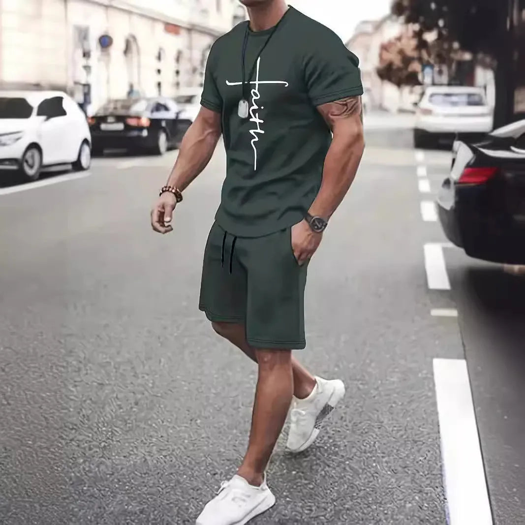 Two-piece casual sports suit with short-sleeved round neck top and shorts in polyester, 3D digital print, five colours.