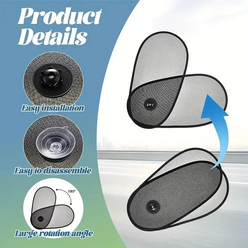 Black breathable car window shade attached to vehicle side window with suction cups
