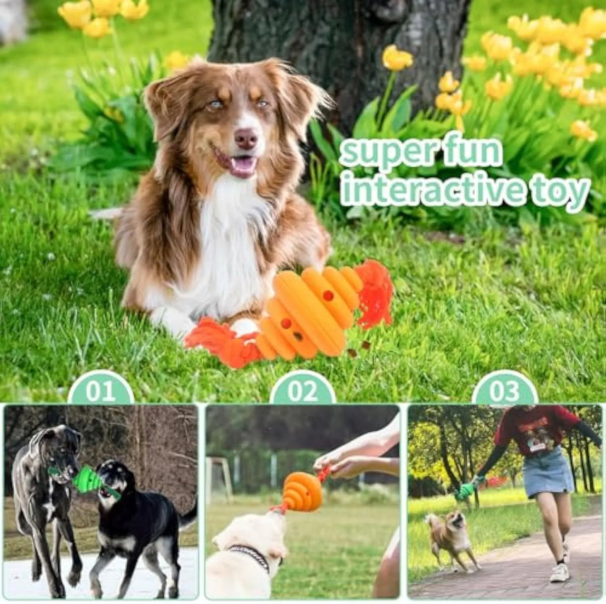 Green and yellow split spiral dog ball with rope attachment for interactive play and treat dispensing