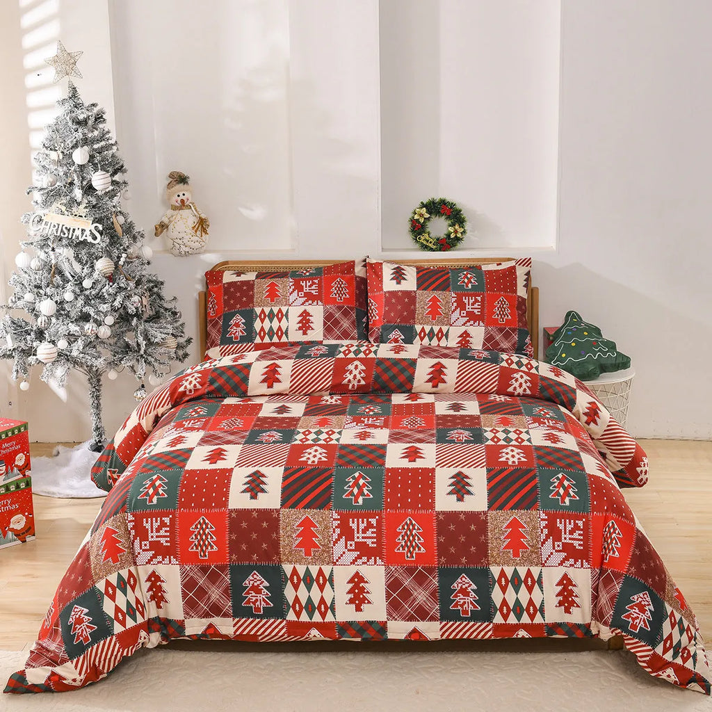 Christmas red plaid pattern bed sheet set with quilt cover and pillowcases in European style