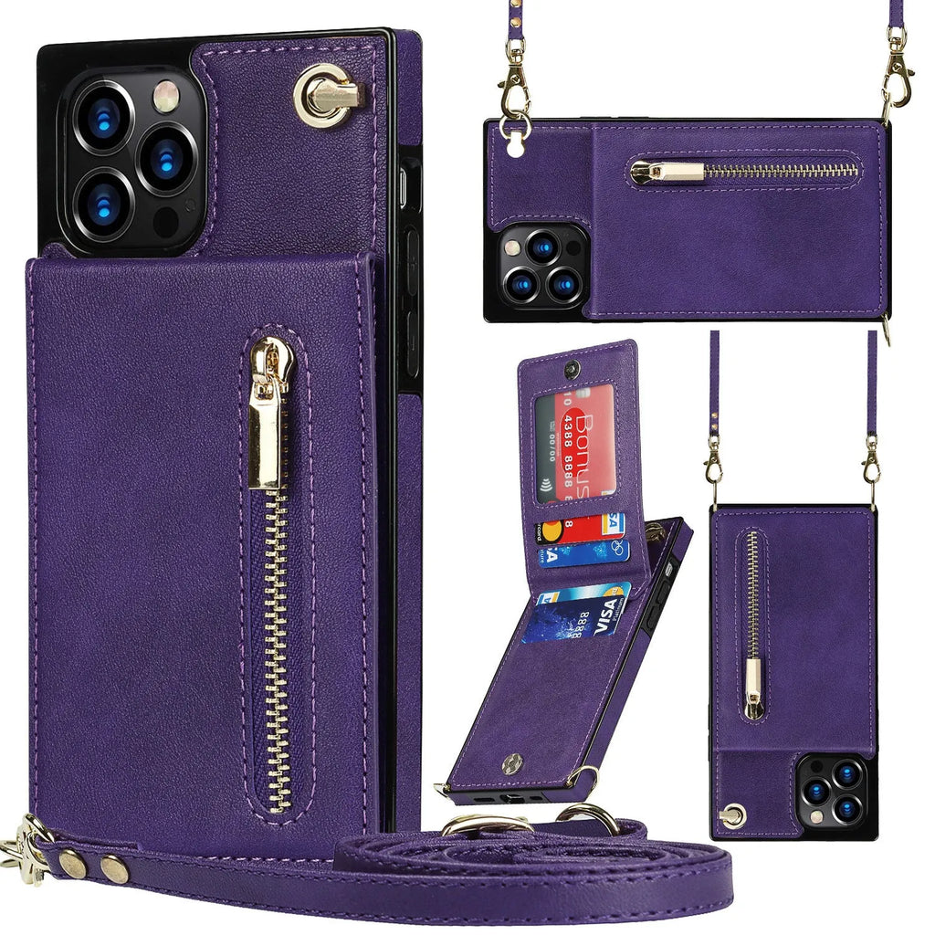 TPU and leather messenger style mobile phone case in solid colours for Samsung and iPhone models.