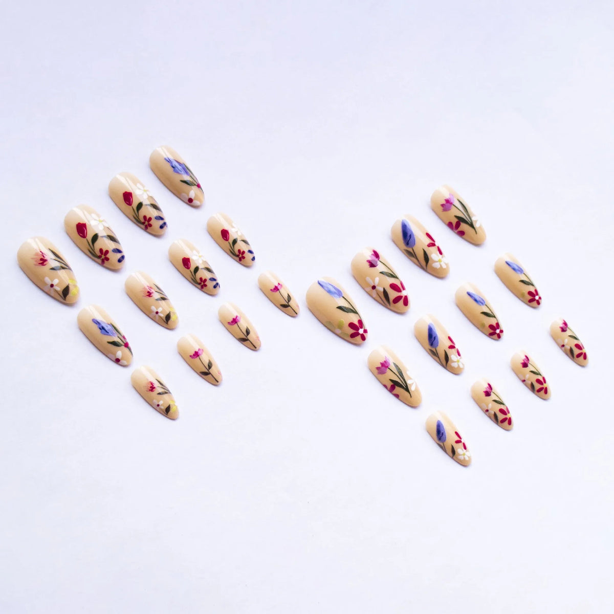 Almond-shaped European style nail art strips with removable flower armour design in solid colour options