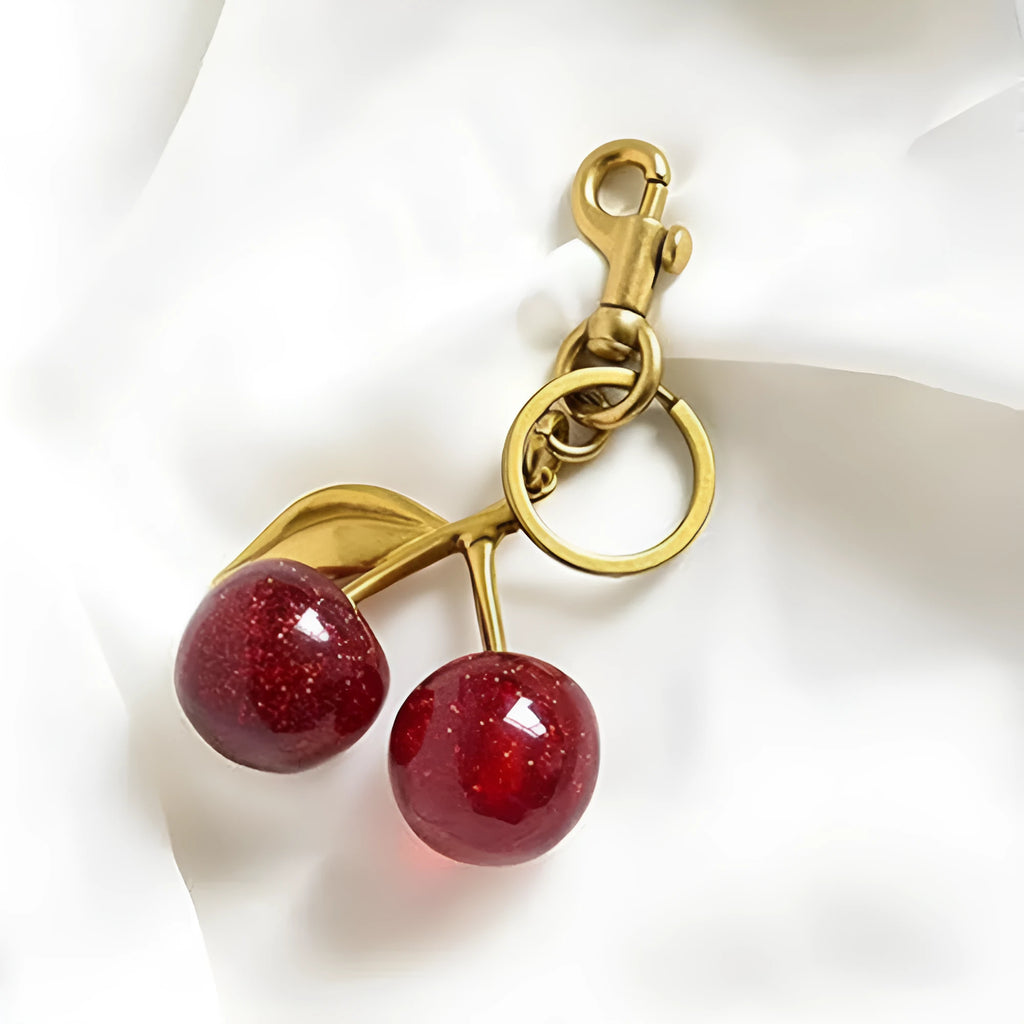 Zinc alloy cherry key ring with three-dimensional design in red or pink for car keys and bag decoration
