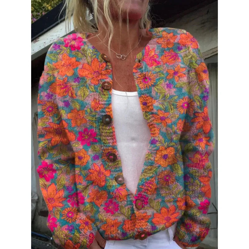 Yellow knitted cardigan coat with digital printed 3D pattern effect, open front design with regular sleeves
