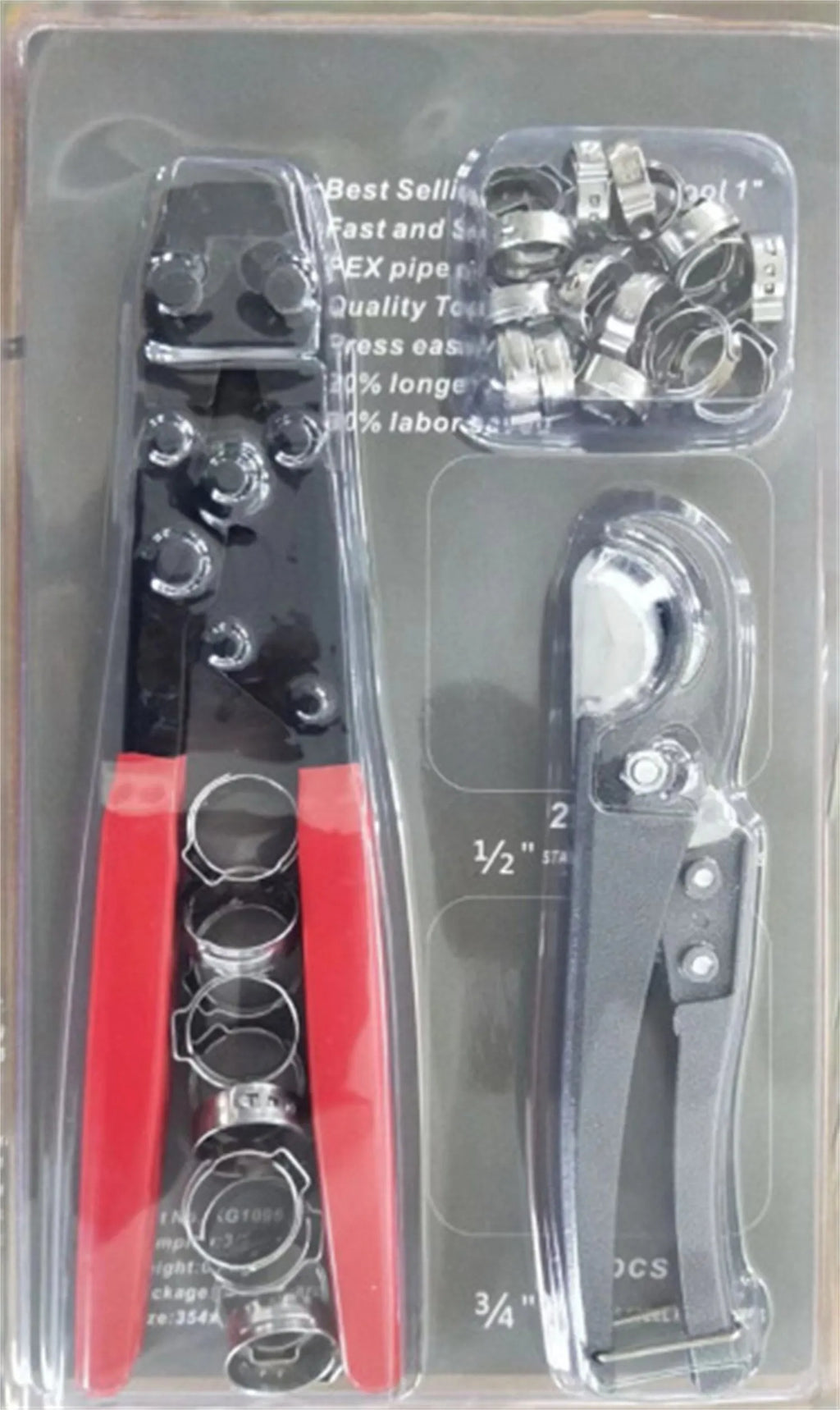 Red cloth style single ear PEX clamp tool set on a metal background.