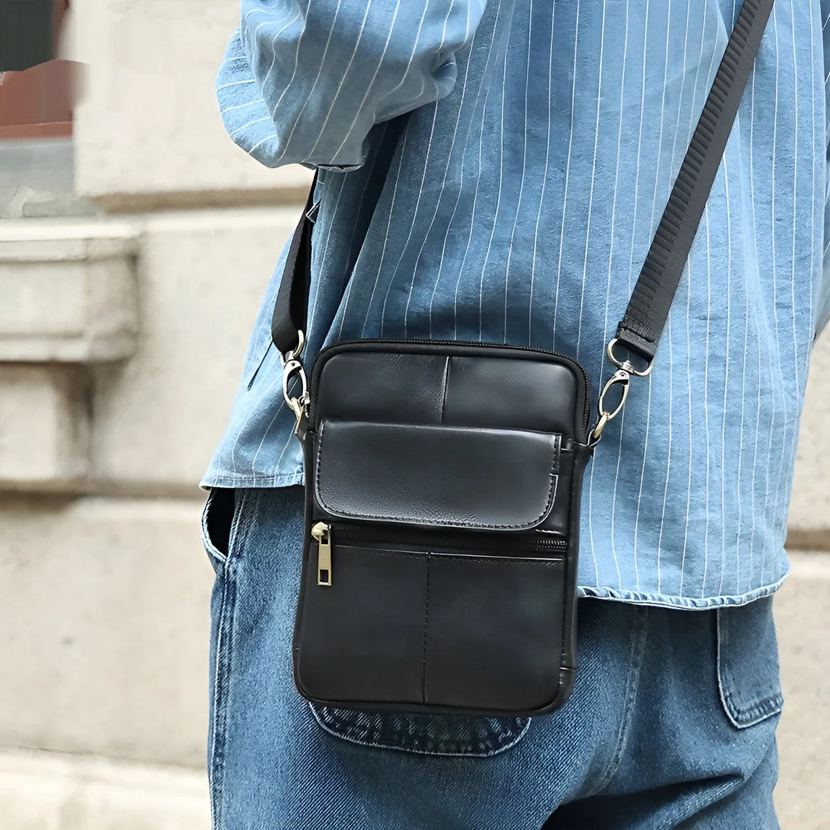 Men's brown genuine leather crossbody shoulder bag with sewing line detail