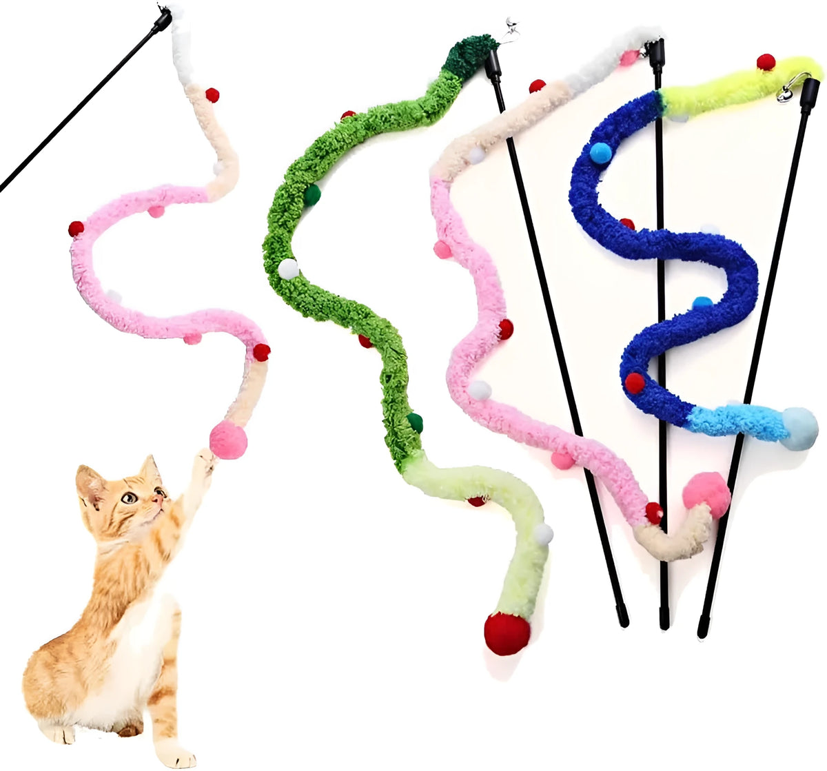 Colourful cat wand toy with plush strip and bell on 41cm pole for interactive play