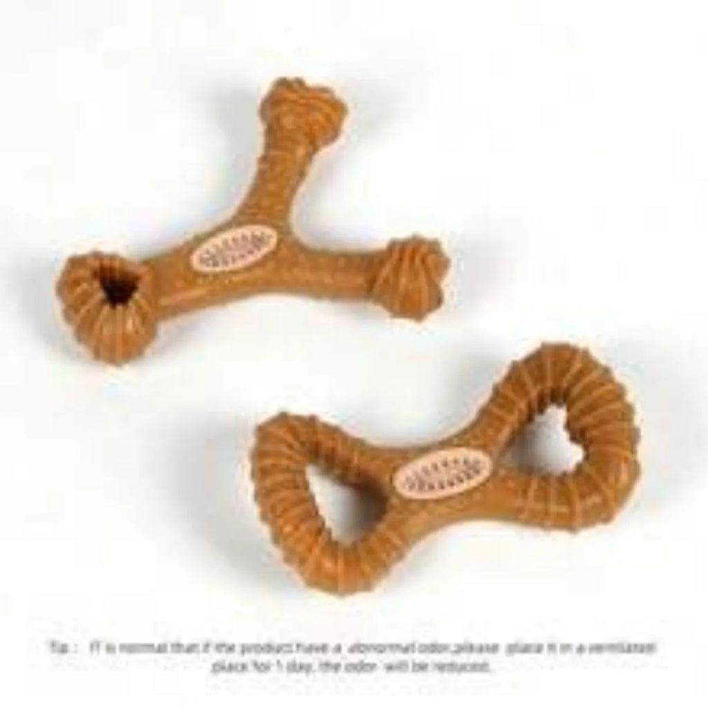 Durable nylon dog chew bone toy shown in eight shape and Y shape designs.