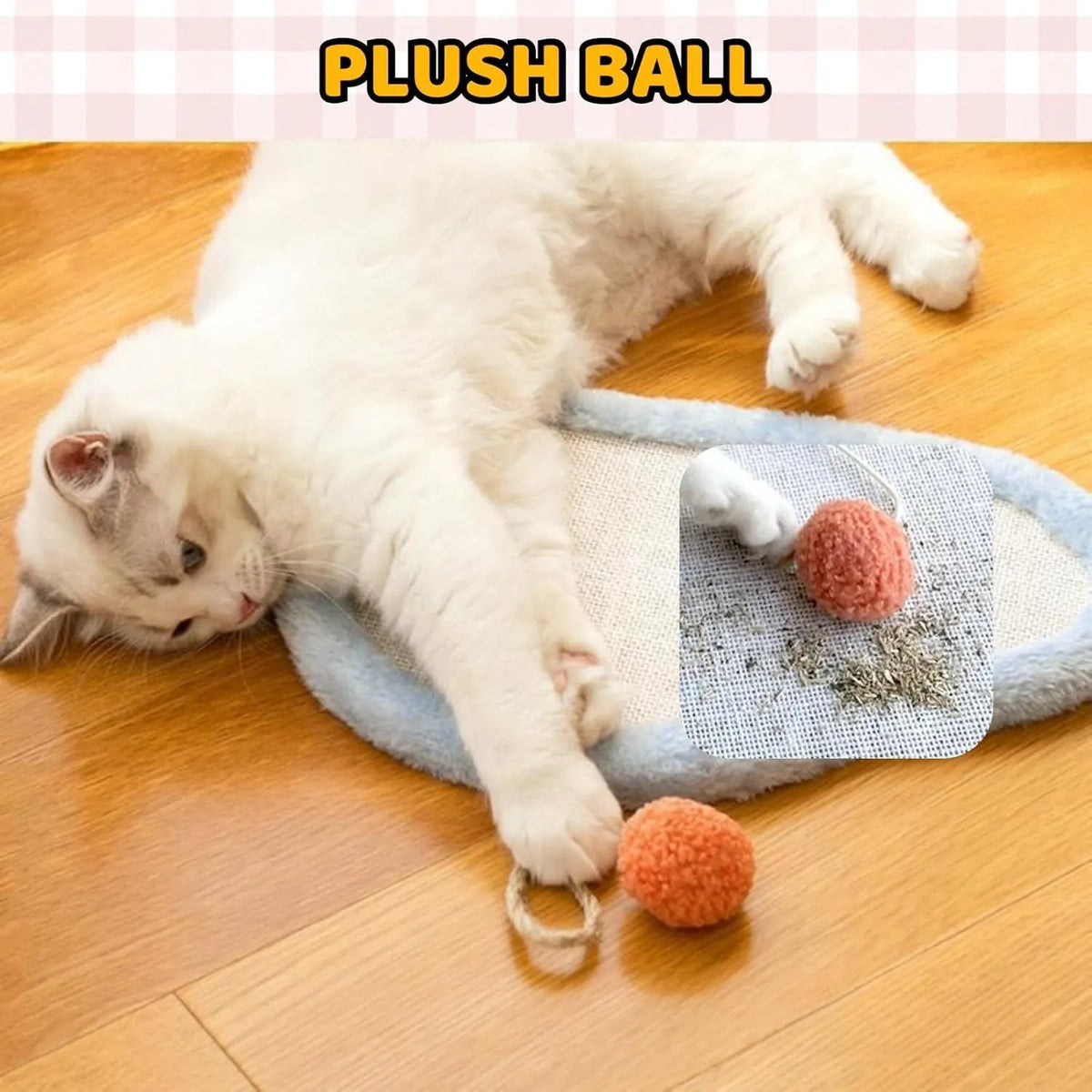 White cat scratching mat with sleeping cat pattern, wall mounted with natural sisal surface