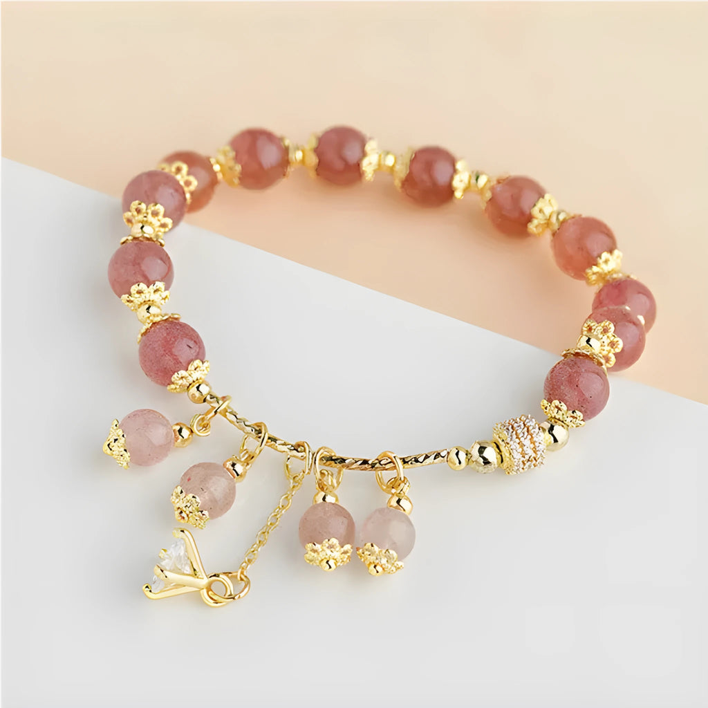 Pink crystal women's bracelet with heart-shaped strawberry quartz beads and natural pearl accents