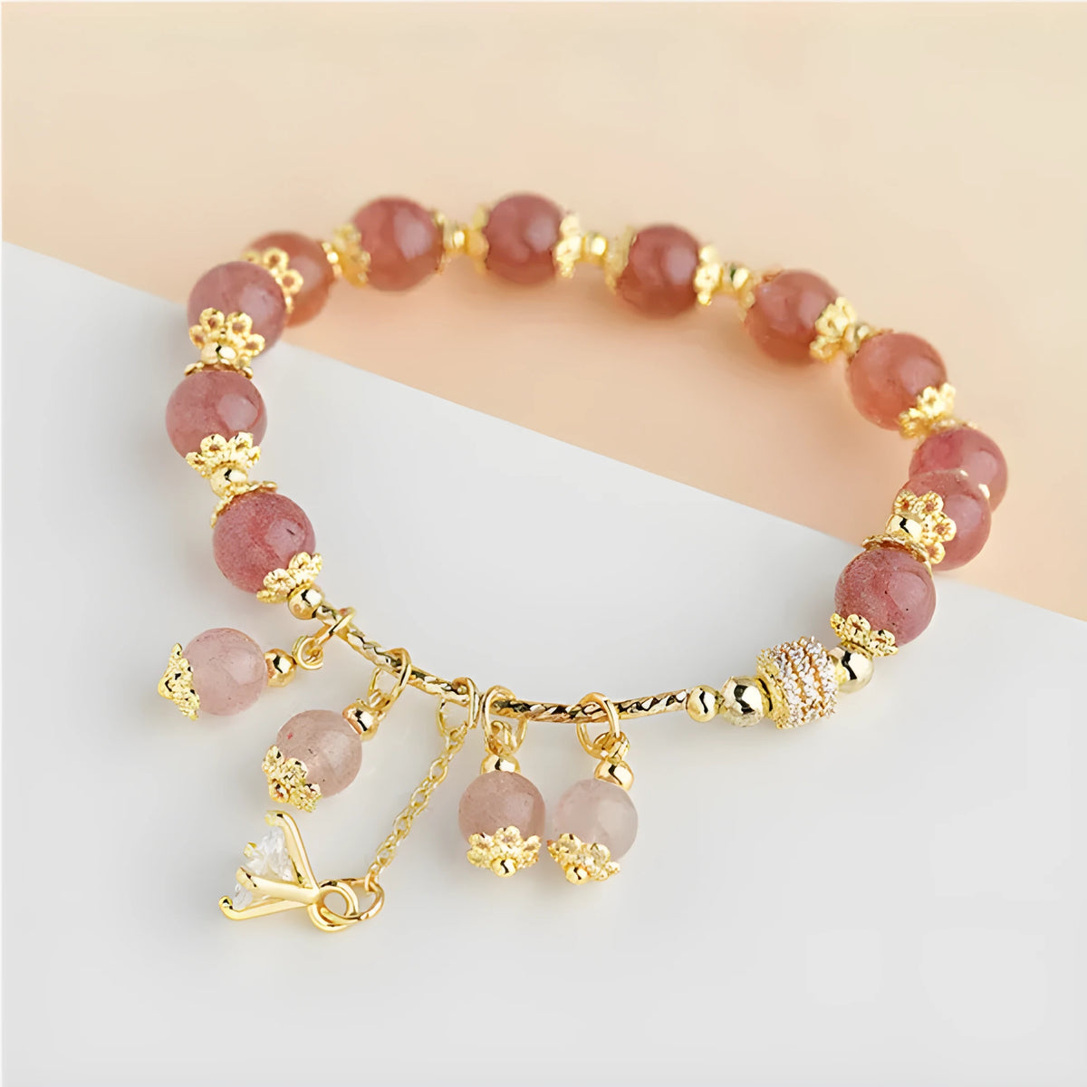 Pink crystal women's bracelet with heart-shaped strawberry quartz beads and natural pearl accents