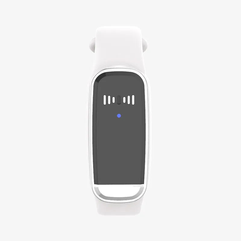 Black and white ultrasonic mosquito repellent bracelet with USB charging cable showing compact 35x56x92mm dimensions