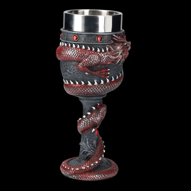 Gold stainless steel red wine glass with 3D Chinese dragon decoration showing 200ml capacity