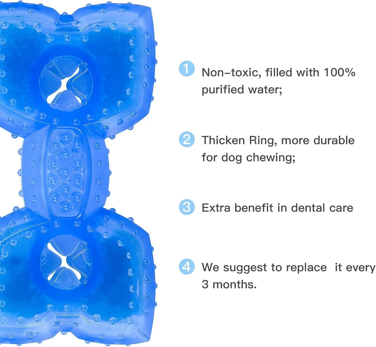Freezable non-toxic dog teething chew toy with treat filling for cooling and dental care.