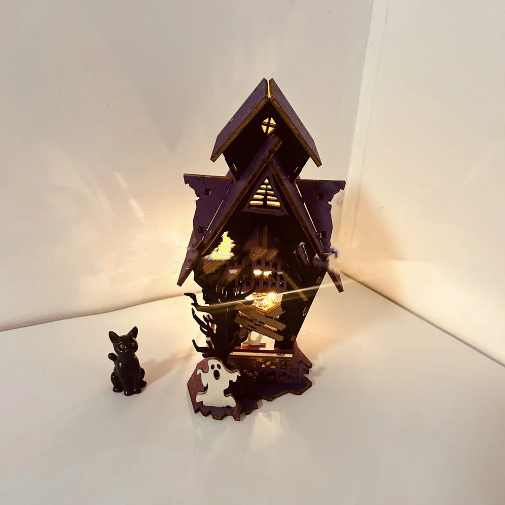 Wooden haunted house Halloween table decoration with luminous finish