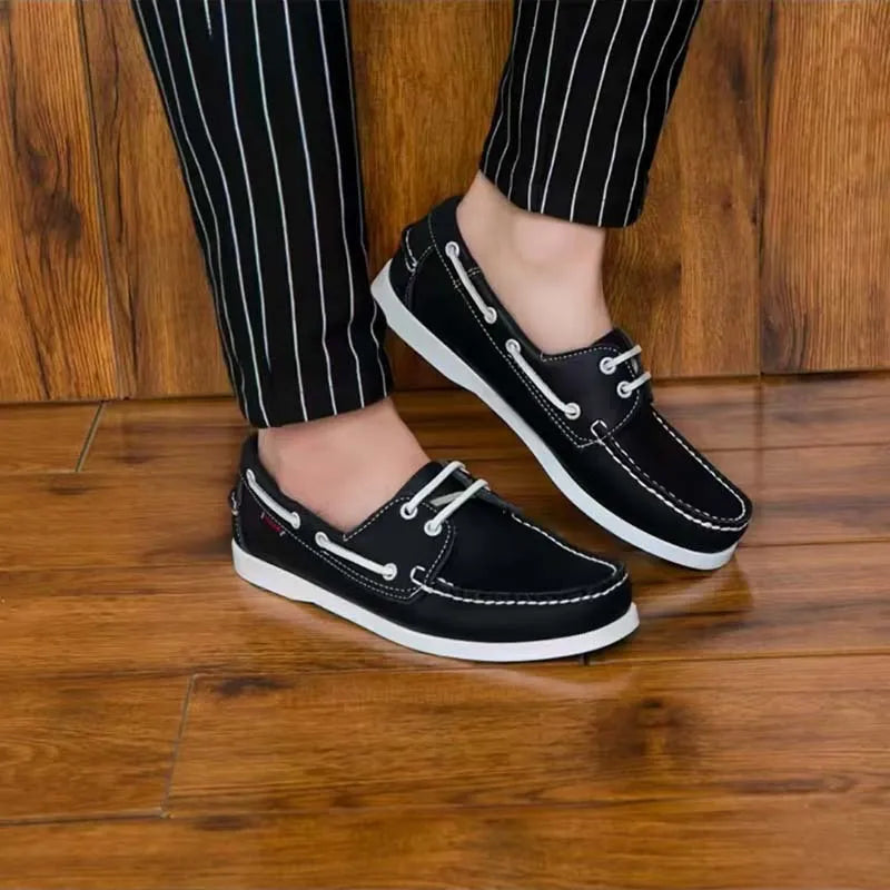 Men's British-style casual shoes in artificial PU with flat heel and round toe, shown in multiple colour options.