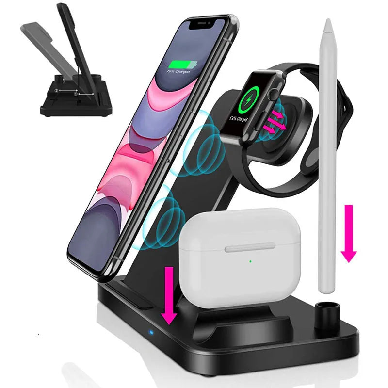 Folding 4-in-1 wireless charger showing magnetic iPhone charging, Apple Pencil slot, and extra Qi pad.