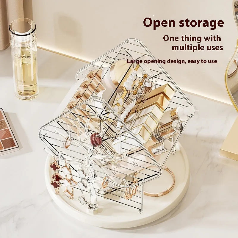 Rotating cosmetics storage box with 360-degree spin in clear transparent plastic