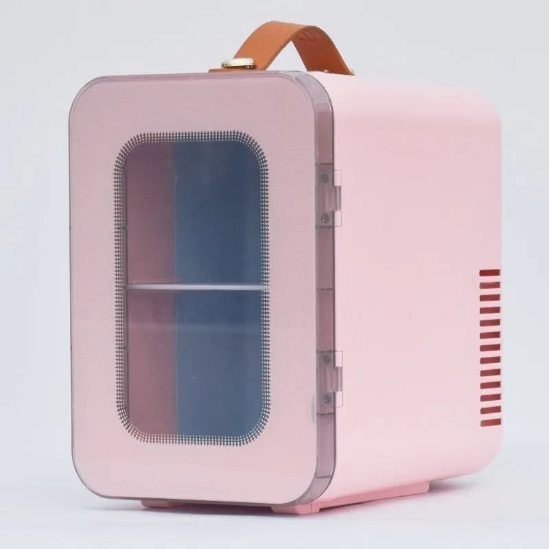 Pink mini refrigerator with transparent door showing 6L capacity and hot/cold dual-use function
