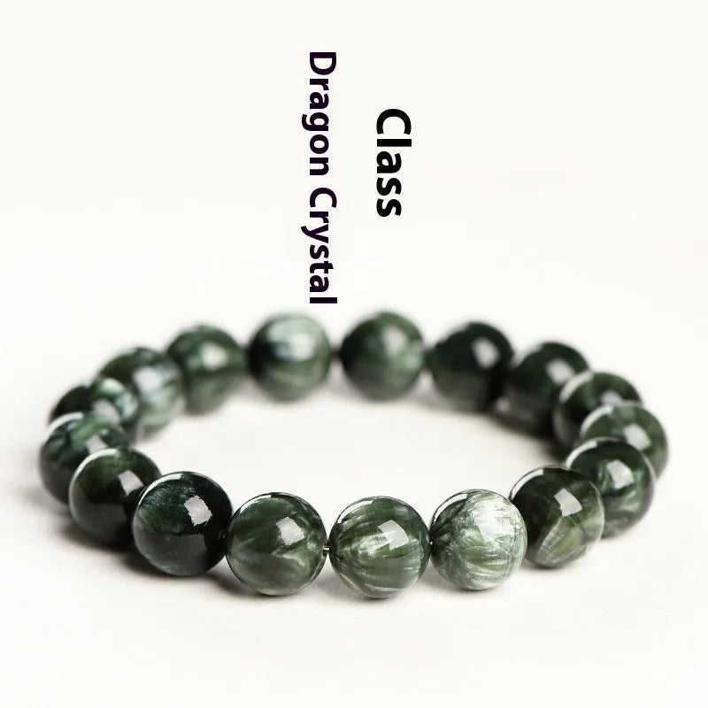 Green Dragon crystal bracelet with 8-9mm round beads showing Ruyi symbolism elements