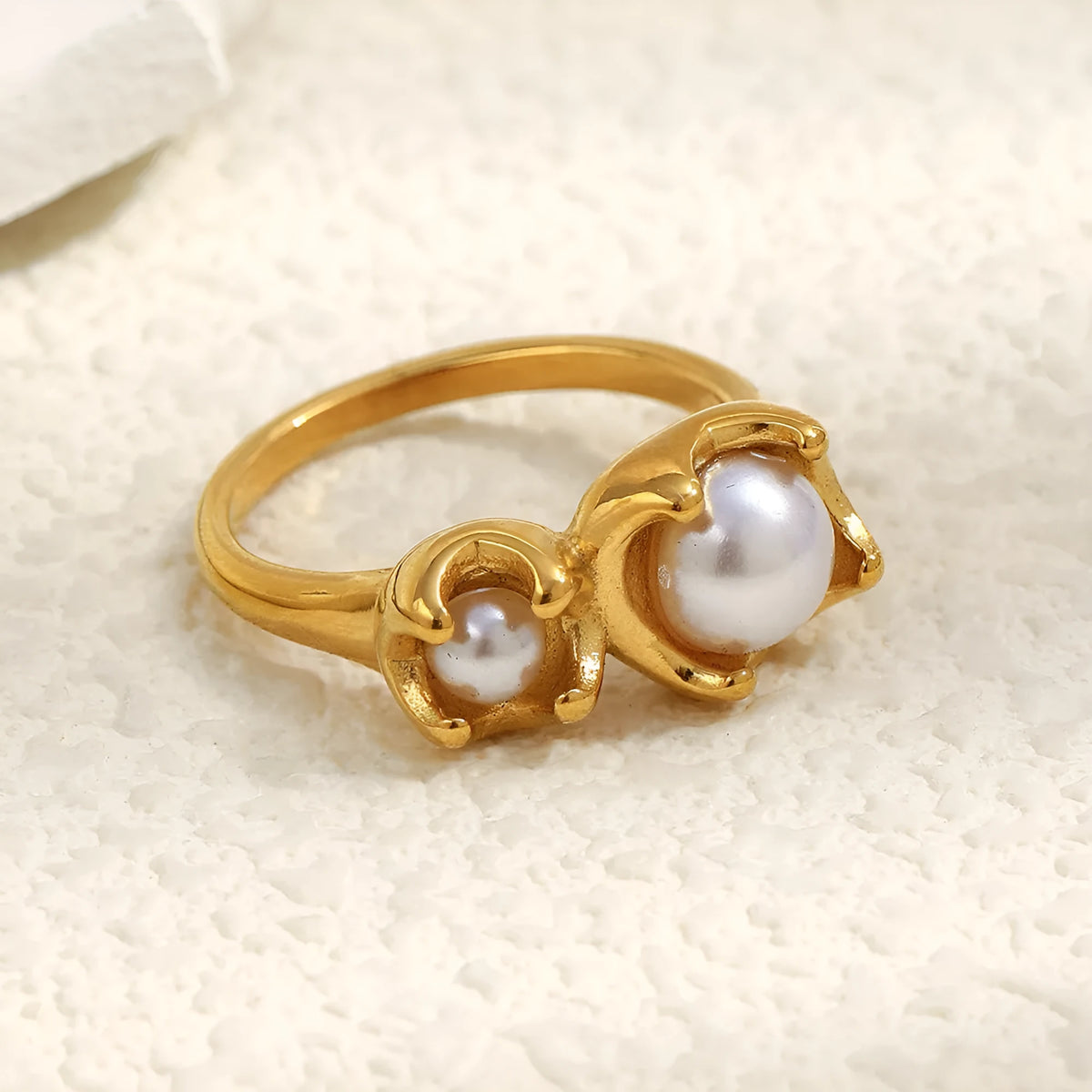 Gold stainless steel ring for women with bud imitation pearl and flower geometric design, sizes No 6 to No 8