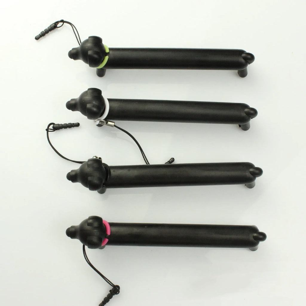 Black dog shaped touch screen stylus showing adjustable length design and phone stand conversion