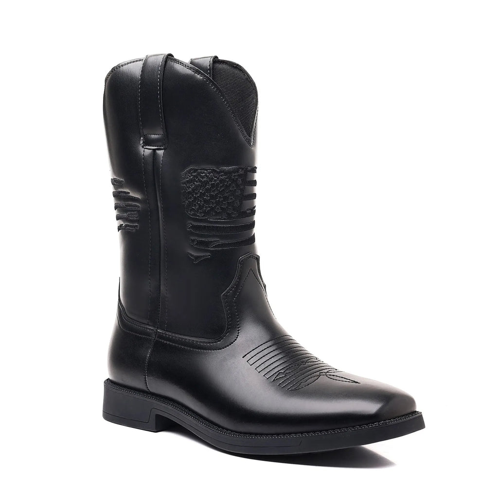 Men's brown retro cowboy boot with square toe and high top embroidered detail on artificial leather.