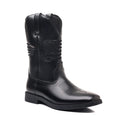 Men's brown retro cowboy boot with square toe and high top embroidered detail on artificial leather.