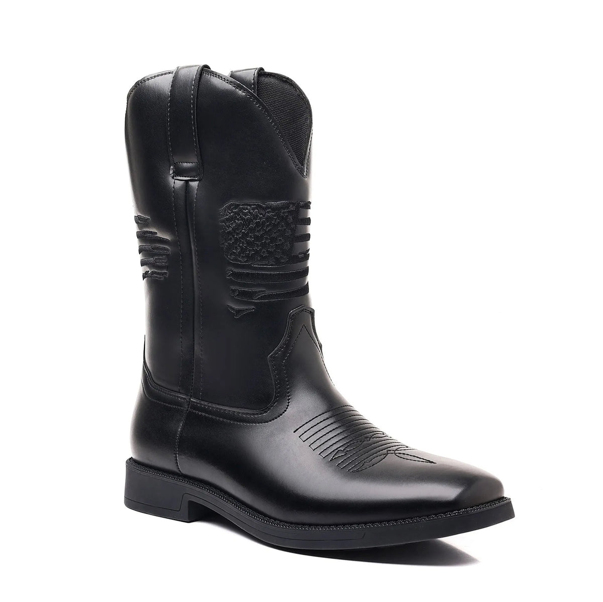 Men's brown retro cowboy boot with square toe and high top embroidered detail on artificial leather.