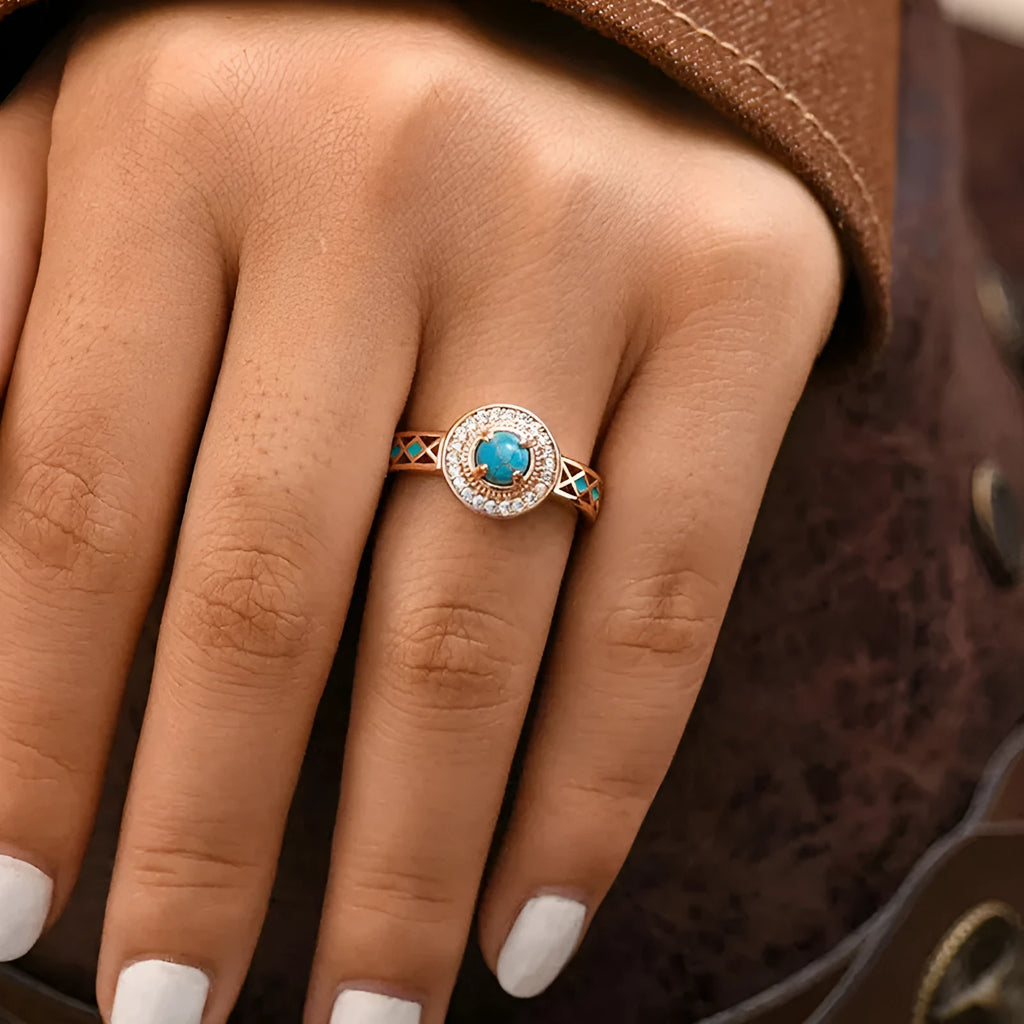 Women's turquoise ethnic style ring with zircon inlay and rose gold finish on copper, geometric shape.