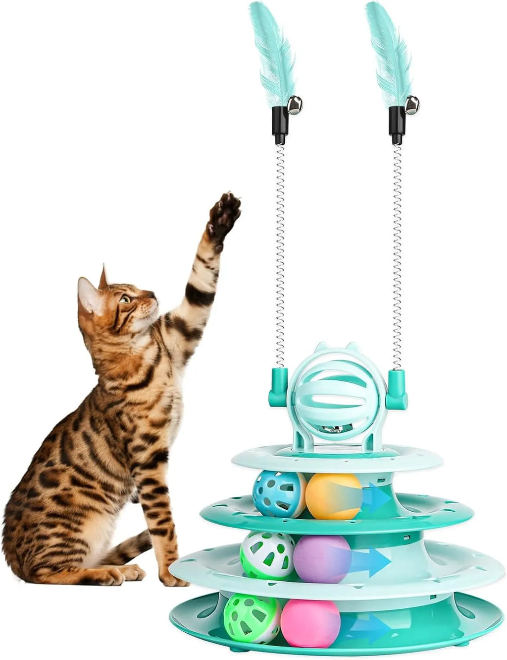 Blue 4-tier cat puzzle toy with balls and teasing rods on non-slip base