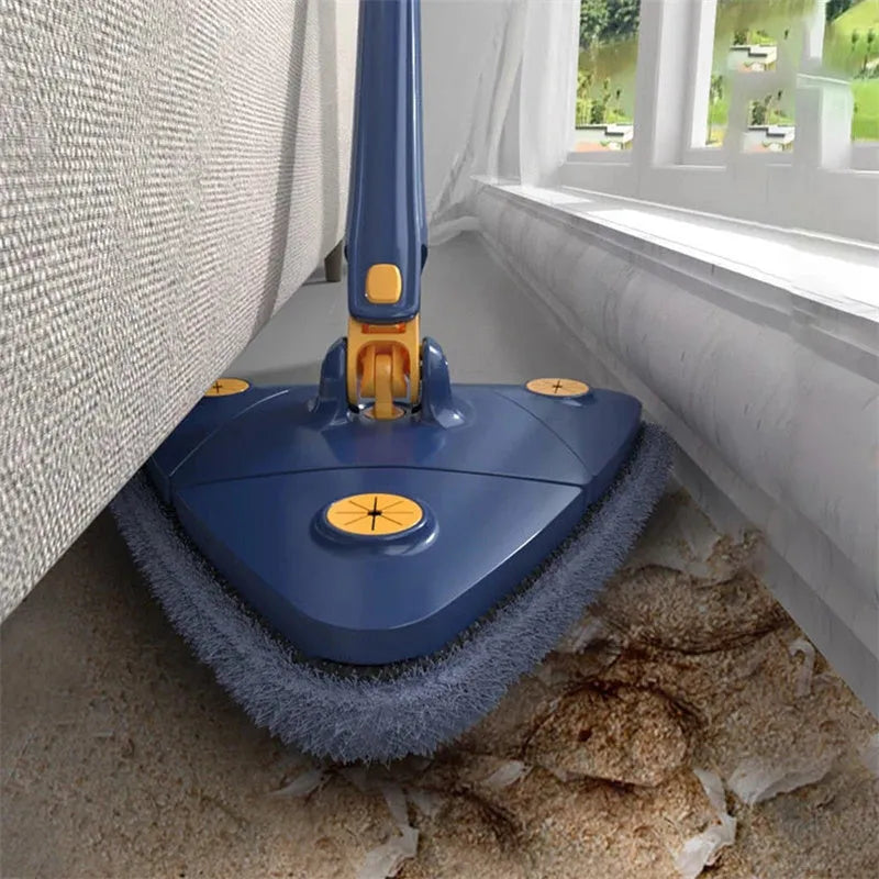 Blue triangle cleaning mop with rotating head on an extendable stainless steel pole.