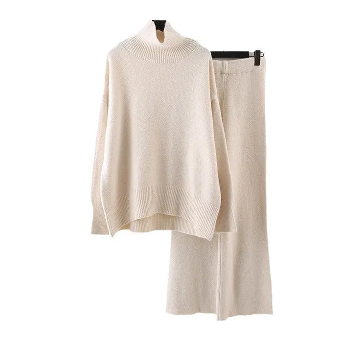 Women's milky white acrylic fibre sweater and wide-leg trousers two-piece set on a hanger.