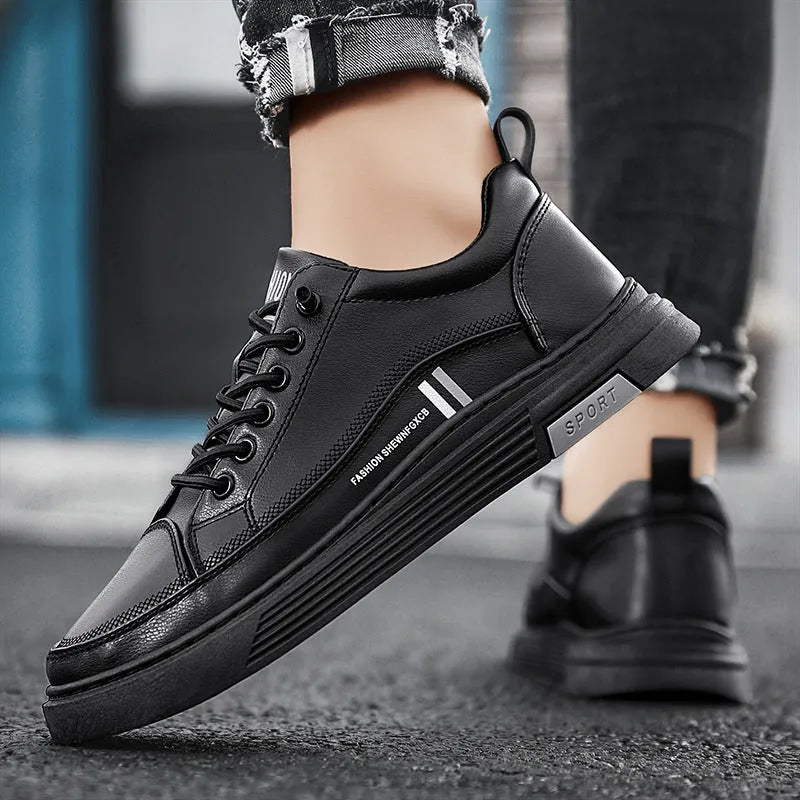 Men's black and white skateboard shoes with elastic band and microfiber upper
