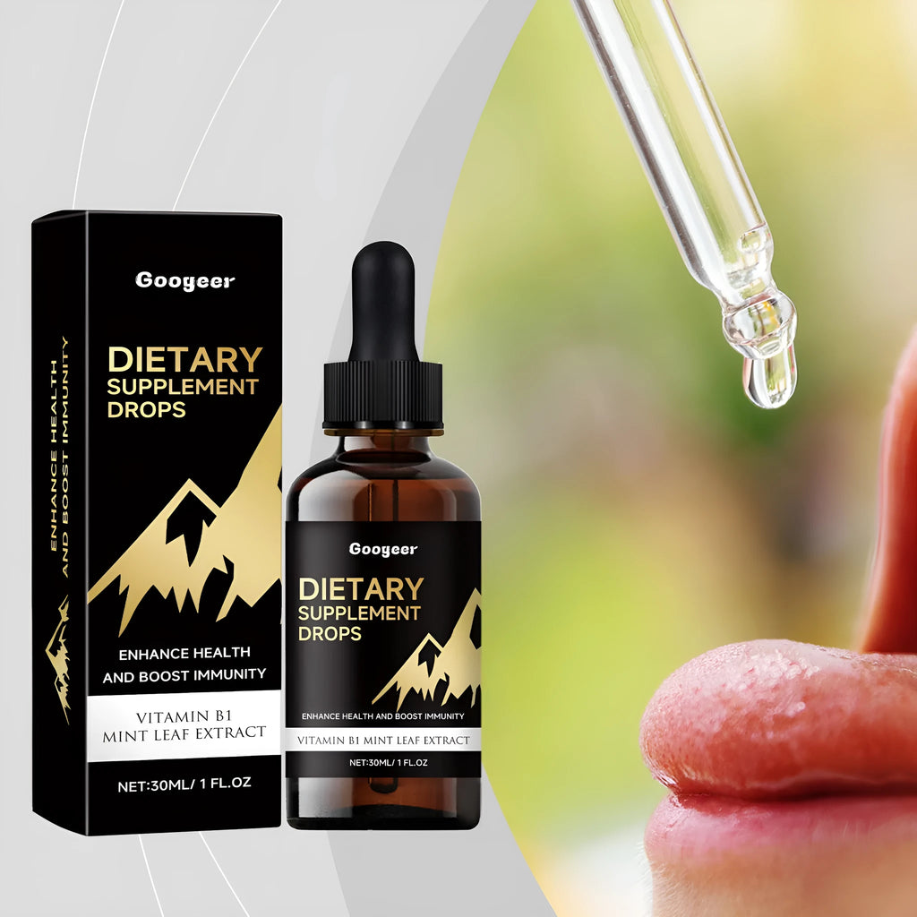 Glass bottle of amber liquid dietary supplement drops with a black rubber dropper top.
