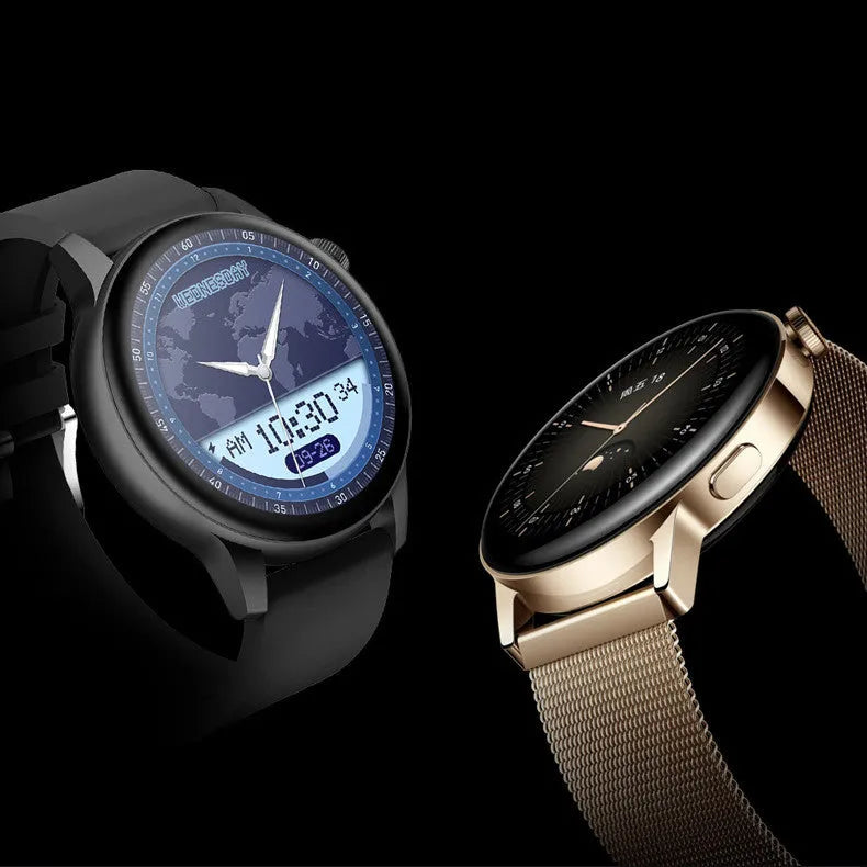 Multi-function smart watch with 1.30-inch colour screen in black, pink, or silver on wrist.