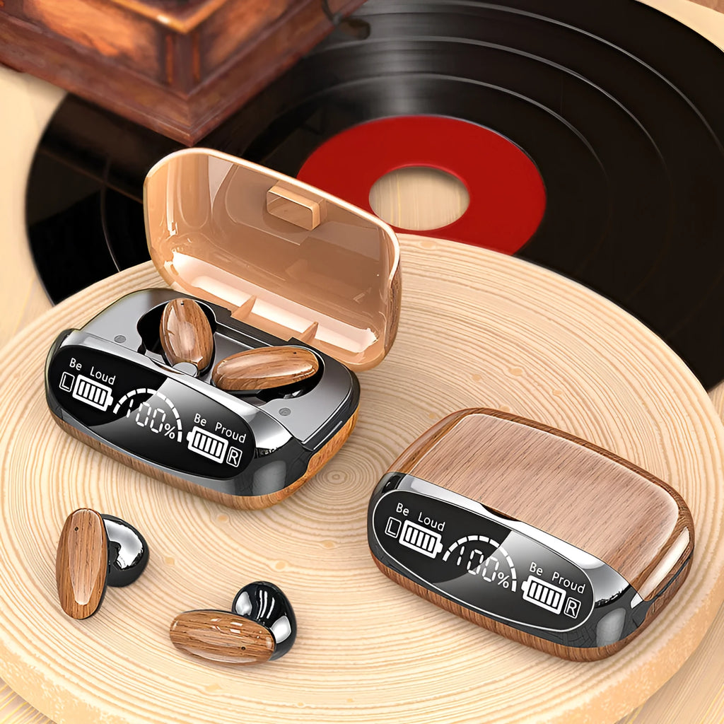 M35 wood grain wireless Bluetooth earphones with charging case