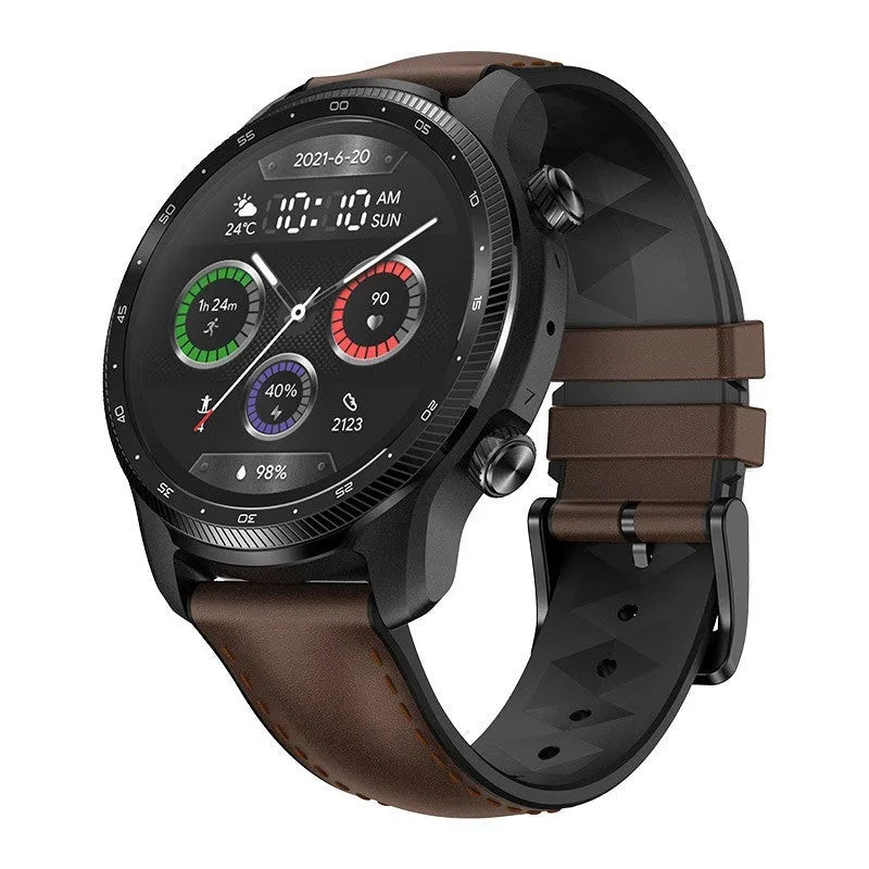 Ticwatch Pro X black smartwatch with stainless steel case and dual-layer display on a wrist