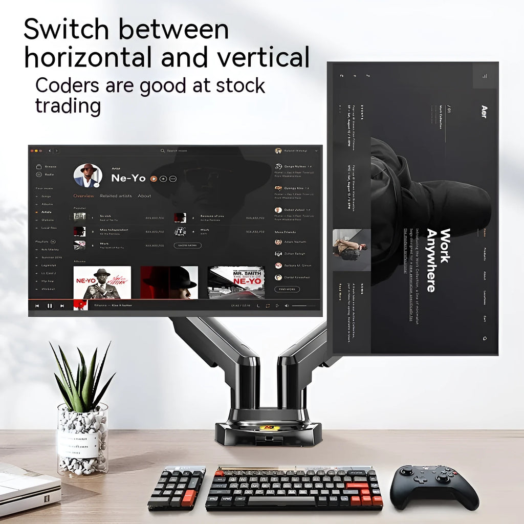 Dual screen lifting monitor bracket with aluminium and ABS construction for VESA 75-100mm mounts